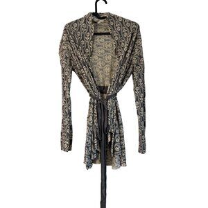 Field & Flower Gray Cream Floral Linen Cotton Waist Tie Cardigan Sweater Small